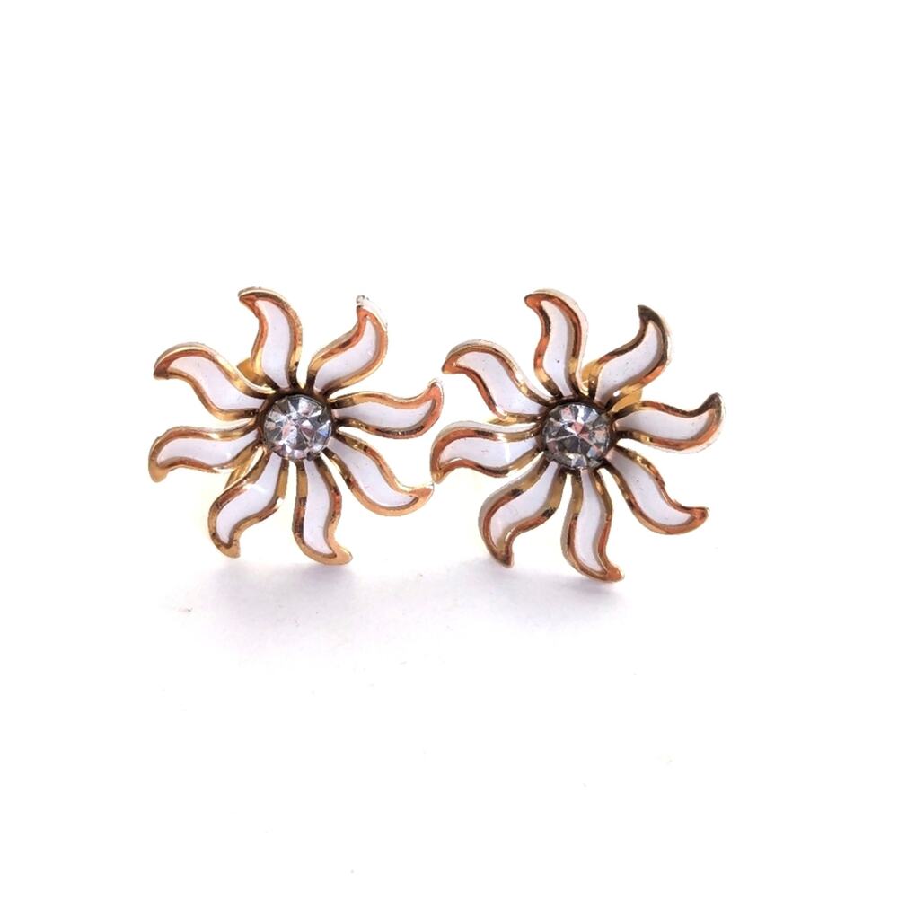 Vintage Retro Glam White Enamel Rhinestone Daisy Flower Screwback Clip Earrings